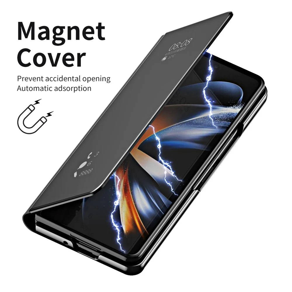 For Samsung Galaxy Z Fold5 5G Mirror Surface Phone Case PU Leather Stand Electroplating Cover - Black - 5