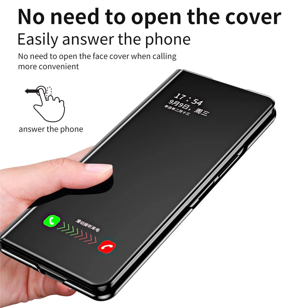 For Samsung Galaxy Z Fold5 5G Mirror Surface Phone Case PU Leather Stand Electroplating Cover - Black - 6