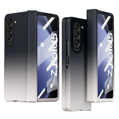 For Samsung Galaxy Z Fold5 5G Gradient Color PC Phone Case Hinge Protection Cover with Tempered Glass Film - Gradient Black White - 1