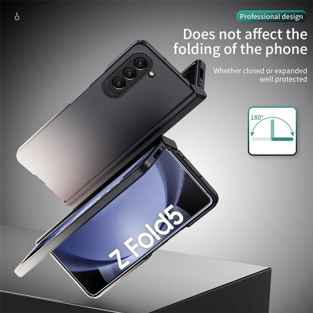 For Samsung Galaxy Z Fold5 5G Gradient Color PC Phone Case Hinge Protection Cover with Tempered Glass Film - Gradient Black White - 6