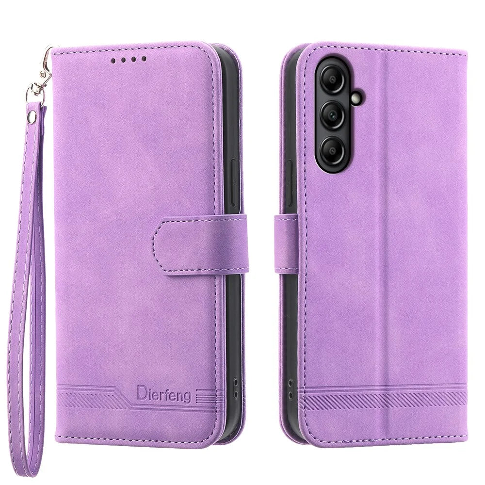 DIERFENG DF-03 Lines Imprinted Cover for Samsung Galaxy A25 5G (Global) (161.0 x 76.5 x 8.3mm) , Wallet Stand Mobile Leather Case - Purple - 1
