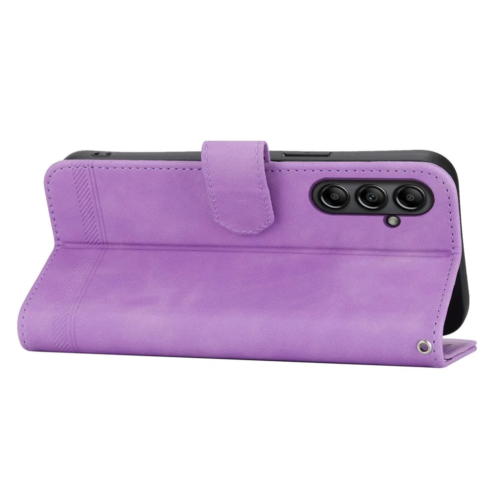 DIERFENG DF-03 Lines Imprinted Cover for Samsung Galaxy A25 5G (Global) (161.0 x 76.5 x 8.3mm) , Wallet Stand Mobile Leather Case - Purple - 3