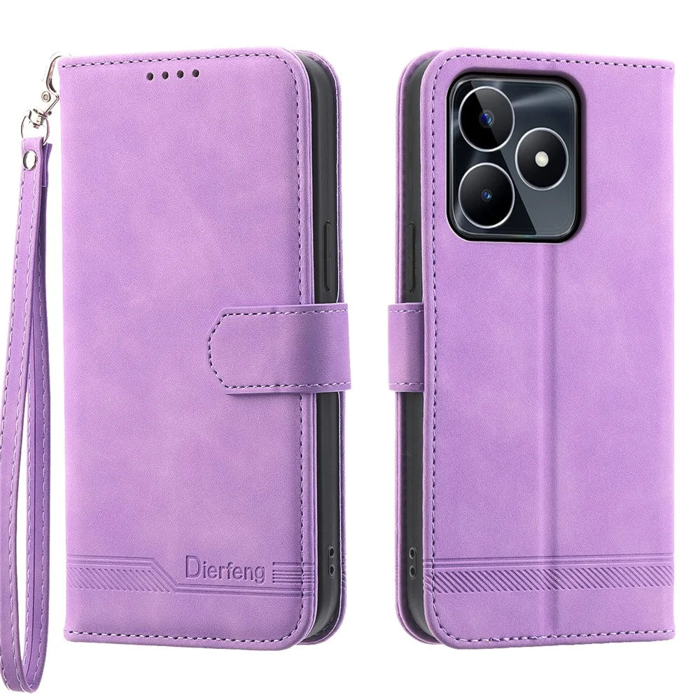 DIERFENG DF-03 Shockproof Cover for Realme C53 (Global) / C53 (India) / C51 , Lines Imprinted Wallet Stand Mobile Leather Case - Purple - 1