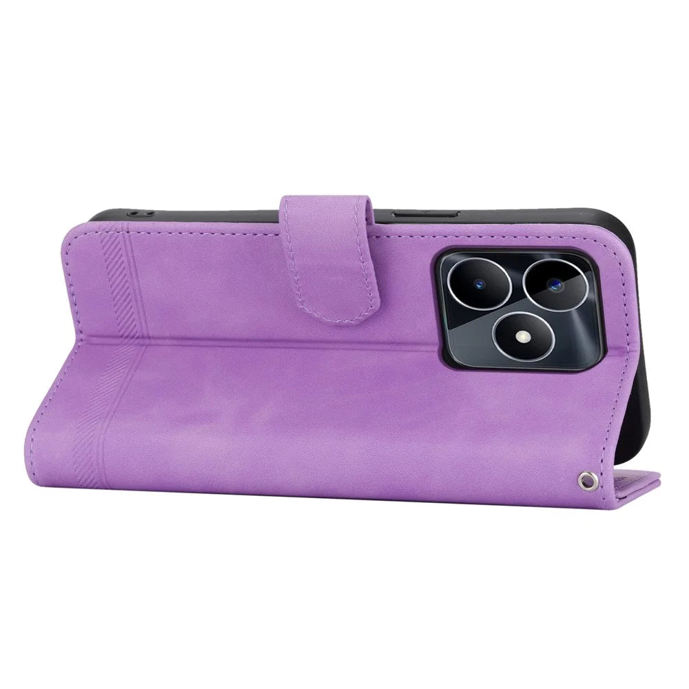 DIERFENG DF-03 Shockproof Cover for Realme C53 (Global) / C53 (India) / C51 , Lines Imprinted Wallet Stand Mobile Leather Case - Purple - 3