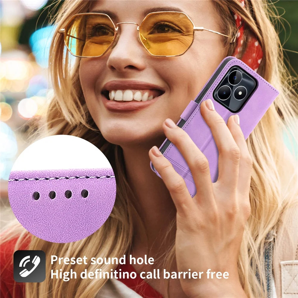 DIERFENG DF-03 Shockproof Cover for Realme C53 (Global) / C53 (India) / C51 , Lines Imprinted Wallet Stand Mobile Leather Case - Purple - 4