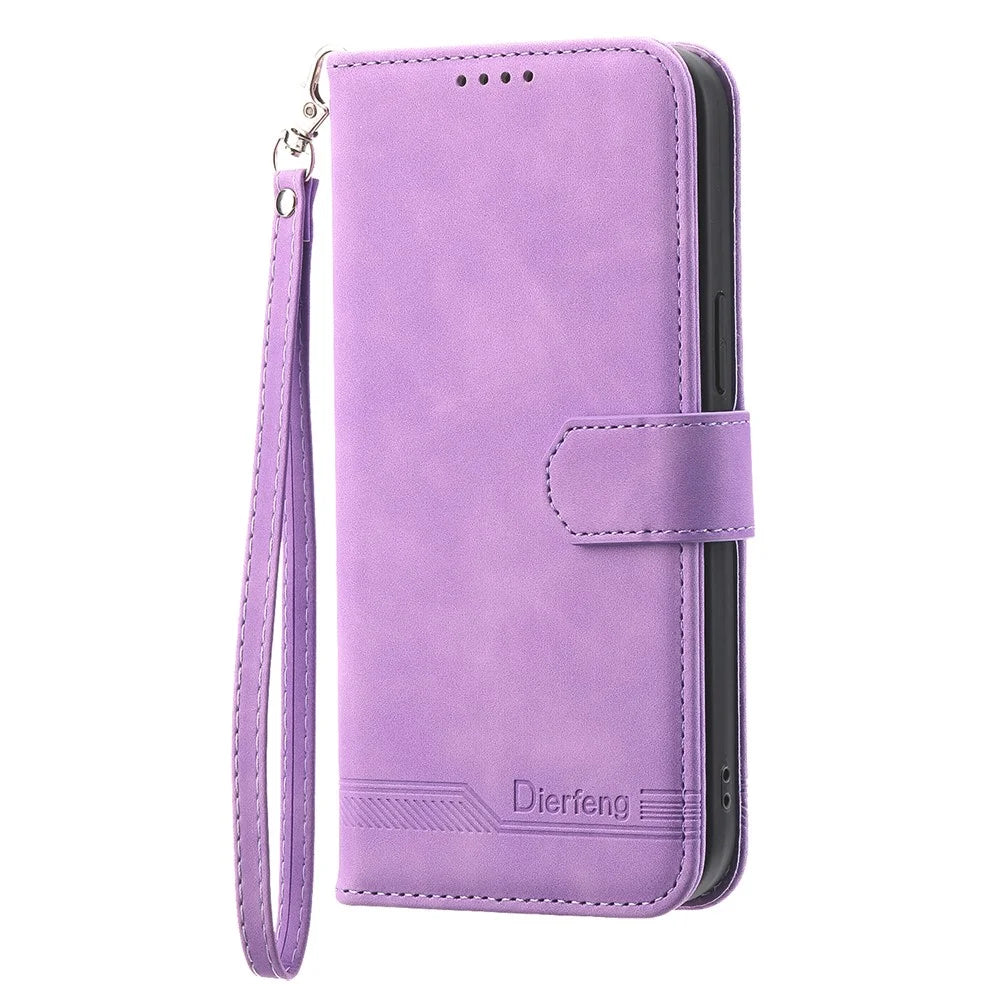 DIERFENG DF-03 Shockproof Cover for Realme C53 (Global) / C53 (India) / C51 , Lines Imprinted Wallet Stand Mobile Leather Case - Purple - 6