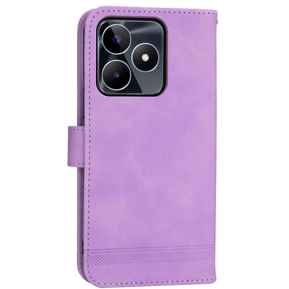 DIERFENG DF-03 Shockproof Cover for Realme C53 (Global) / C53 (India) / C51 , Lines Imprinted Wallet Stand Mobile Leather Case - Purple - 7