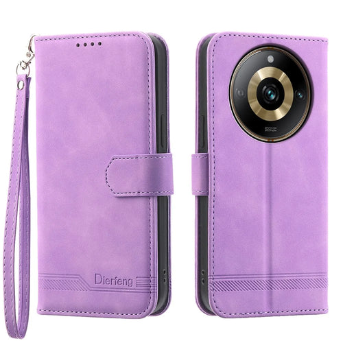 DIERFENG DF-03 Lines Imprinted Cover for Realme 11 Pro 5G Leather Wallet Stand Mobile Case - Purple - 1