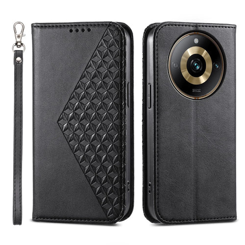 Leather Phone Case for Realme 11 Pro 5G Anti-fall Imprinted Rhombus Pattern Wallet Stand Cover - Black - 1