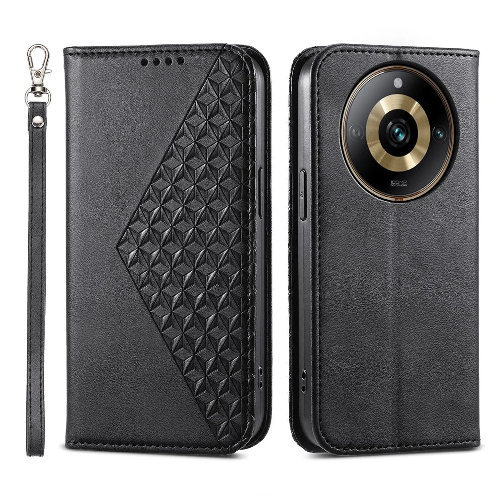 Leather Phone Case for Realme 11 Pro 5G Anti-fall Imprinted Rhombus Pattern Wallet Stand Cover - Black - 1