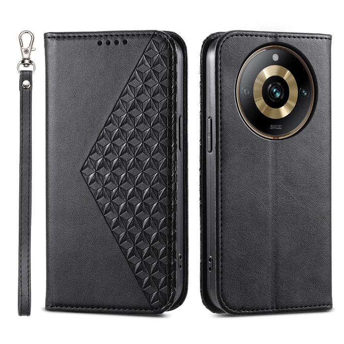 Leather Phone Case for Realme 11 Pro 5G Anti-fall Imprinted Rhombus Pattern Wallet Stand Cover - Black - 1