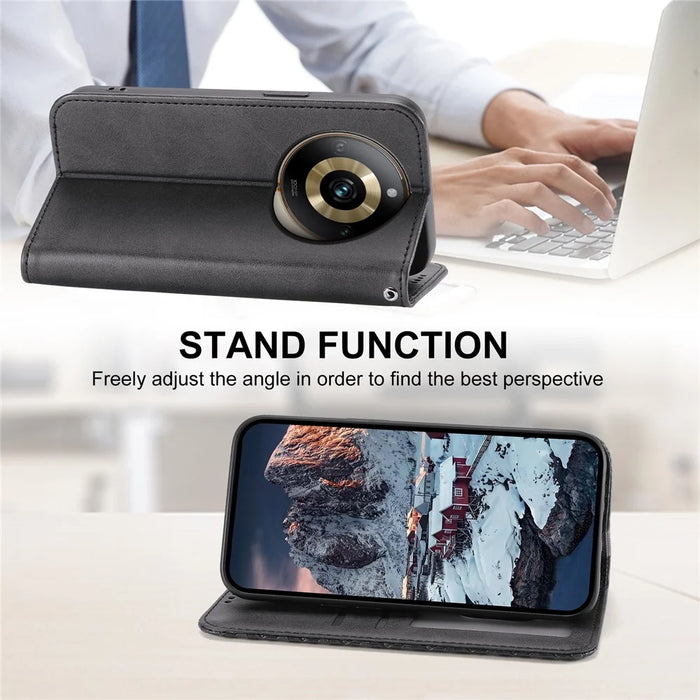 Leather Phone Case for Realme 11 Pro 5G Anti-fall Imprinted Rhombus Pattern Wallet Stand Cover - Black - 4