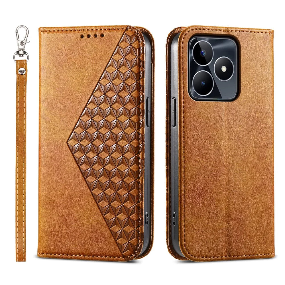 For Realme C53 (Global) / C53 (India) / C51 Leather Phone Case Imprinted Rhombus Pattern Wallet Stand Shockproof Cover - Yellow - 1