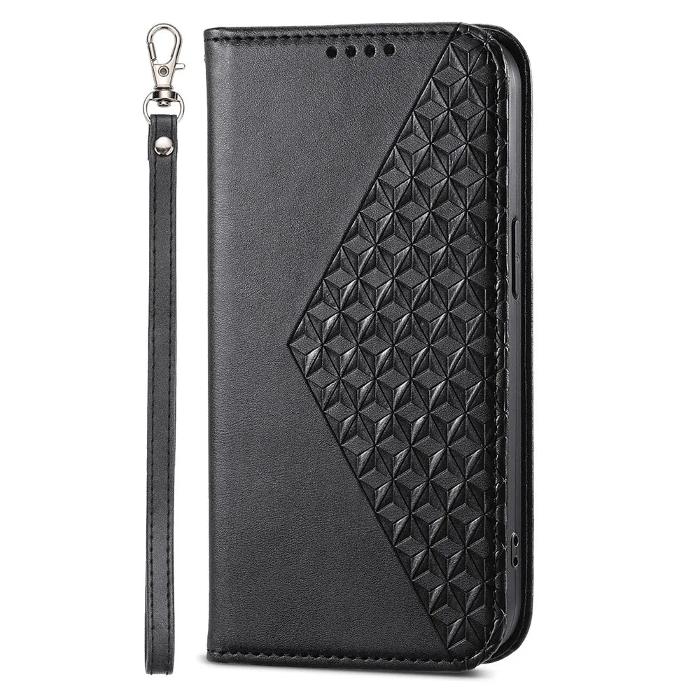 For Samsung Galaxy A25 5G (Global) (161.0 x 76.5 x 8.3mm) Leather Phone Case Imprinted Rhombus Pattern Wallet Stand Drop Resistant Cover - Black - 6