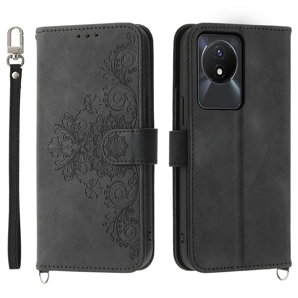 Leather Phone Case for vivo Y02A 4G , Imprinted Flower Stand Wallet Cover with Wrist Strap + Shoulder Strap - Black - 1