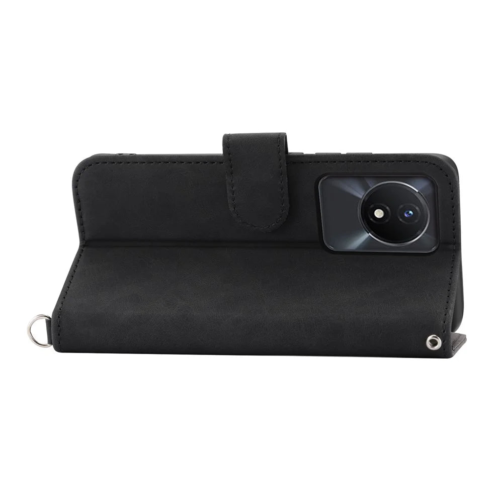 Leather Phone Case for vivo Y02A 4G , Imprinted Flower Stand Wallet Cover with Wrist Strap + Shoulder Strap - Black - 5
