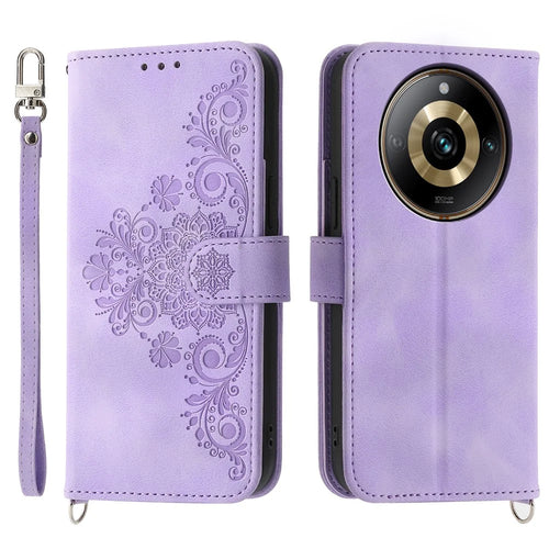 Leather Phone Case for Realme 11 Pro 5G , Imprinted Flower Foldable Stand Wallet Cover with Wrist Strap + Shoulder Strap - Light Purple - 1