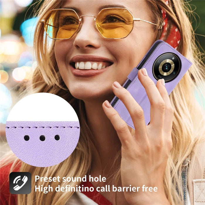 Leather Phone Case for Realme 11 Pro 5G , Imprinted Flower Foldable Stand Wallet Cover with Wrist Strap + Shoulder Strap - Light Purple - 7
