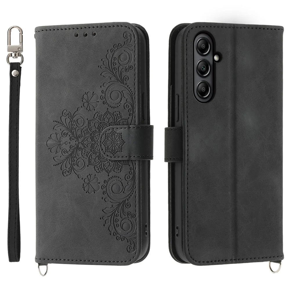 For Samsung Galaxy A25 5G (Global) (161.0 x 76.5 x 8.3mm) Leather Case Stand Wallet with Strap - Black - 1