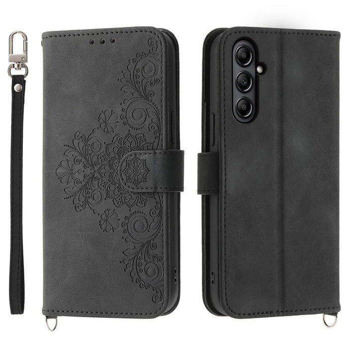 For Samsung Galaxy A25 5G (Global) (161.0 x 76.5 x 8.3mm) Leather Case Stand Wallet with Strap - Black - 1