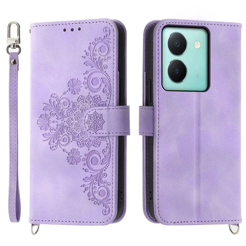 Imprinted Flower Phone Case for vivo Y36 4G (Global) , Stand Wallet Leather Cover with Wrist Strap + Shoulder Strap - Light Purple - 1