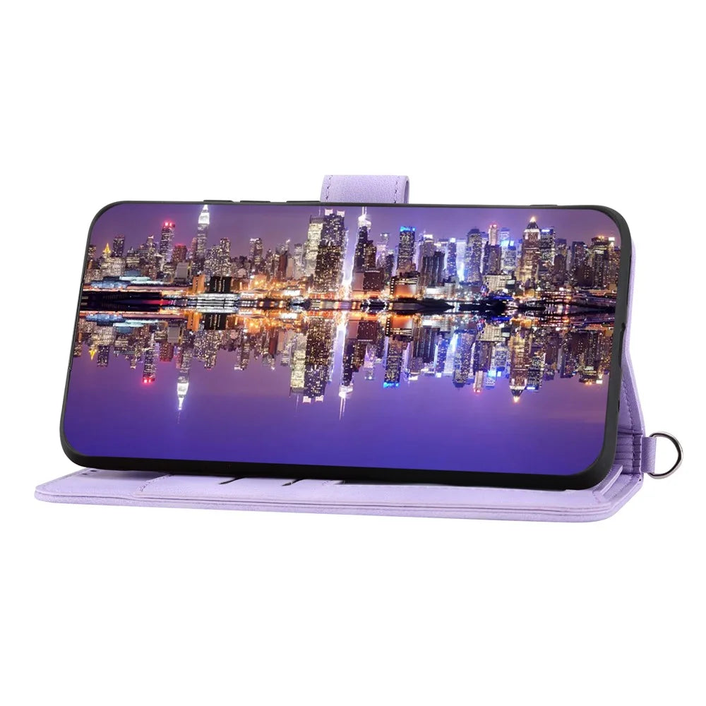 Imprinted Flower Phone Case for vivo Y36 4G (Global) , Stand Wallet Leather Cover with Wrist Strap + Shoulder Strap - Light Purple - 4