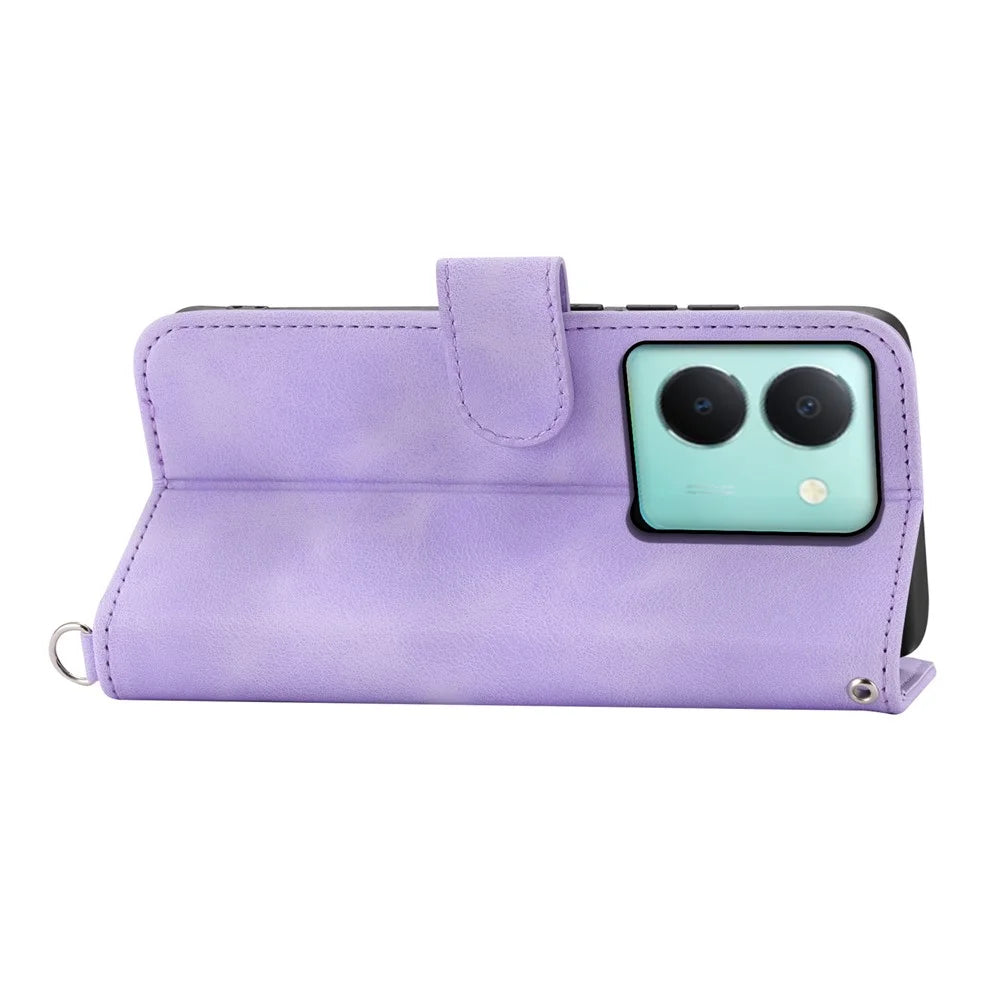 Imprinted Flower Phone Case for vivo Y36 4G (Global) , Stand Wallet Leather Cover with Wrist Strap + Shoulder Strap - Light Purple - 5