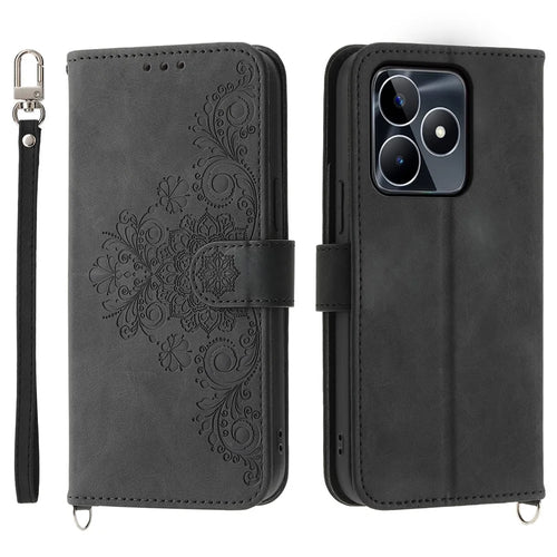 Viewing Stand Phone Case for Realme C53 (Global) / C53 (India) / C51 Imprinted Flower Wallet Leather Cover with Strap - Black - 1