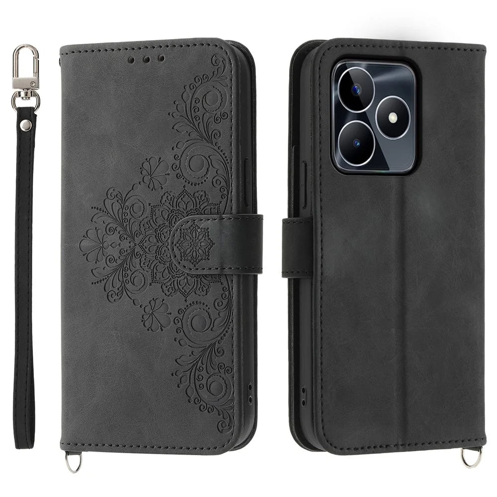 Viewing Stand Phone Case for Realme C53 (Global) / C53 (India) / C51 Imprinted Flower Wallet Leather Cover with Strap - Black - 1