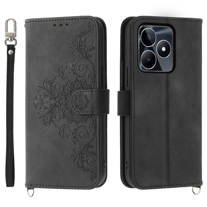 Viewing Stand Phone Case for Realme C53 (Global) / C53 (India) / C51 Imprinted Flower Wallet Leather Cover with Strap - Black - 1