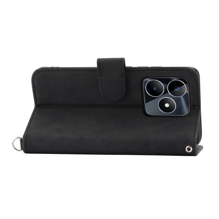 Viewing Stand Phone Case for Realme C53 (Global) / C53 (India) / C51 Imprinted Flower Wallet Leather Cover with Strap - Black - 5