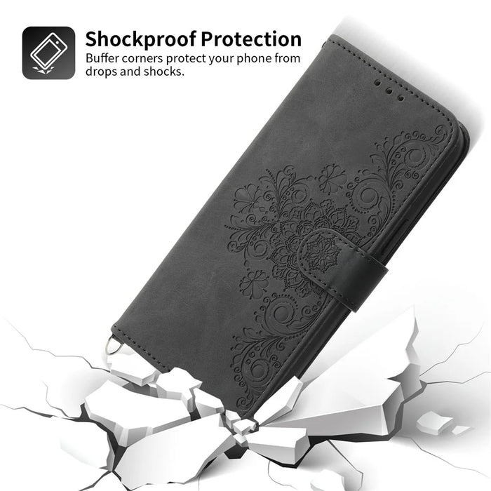 Viewing Stand Phone Case for Realme C53 (Global) / C53 (India) / C51 Imprinted Flower Wallet Leather Cover with Strap - Black - 7