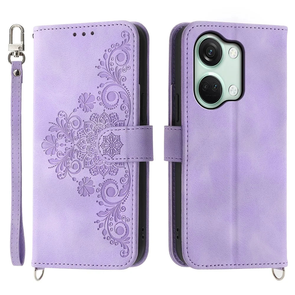 Stand Phone Case for OnePlus Nord 3 5G / Ace 2V Imprinted Flower Wallet Leather Folio Flip Cover with Wrist Strap + Shoulder Strap - Light Purple - 1