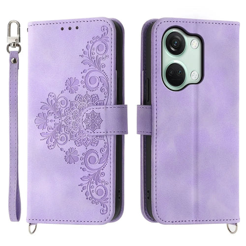 Stand Phone Case for OnePlus Nord 3 5G / Ace 2V Imprinted Flower Wallet Leather Folio Flip Cover with Wrist Strap + Shoulder Strap - Light Purple - 1