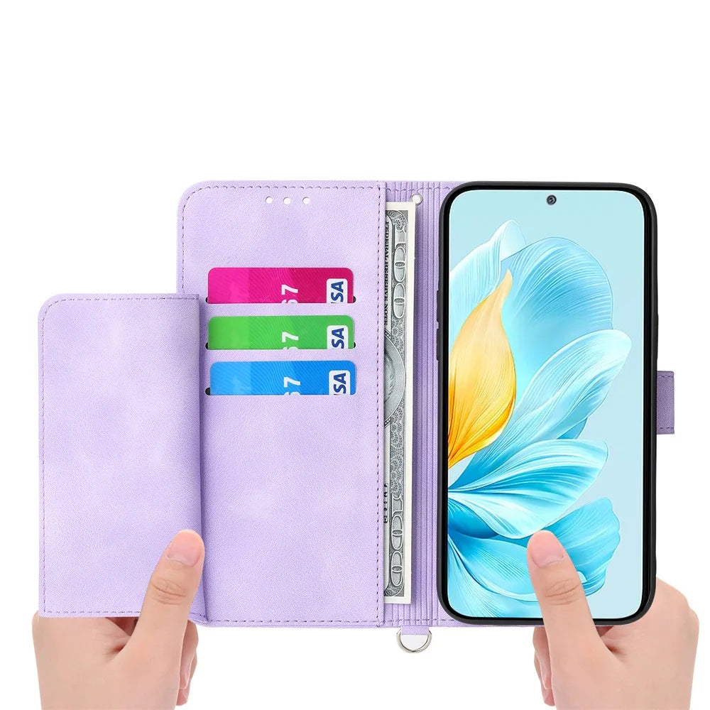 Stand Phone Case for OnePlus Nord 3 5G / Ace 2V Imprinted Flower Wallet Leather Folio Flip Cover with Wrist Strap + Shoulder Strap - Light Purple - 3