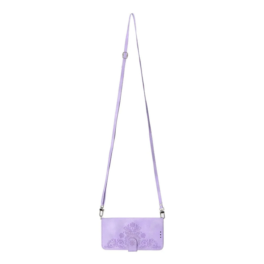 Stand Phone Case for OnePlus Nord 3 5G / Ace 2V Imprinted Flower Wallet Leather Folio Flip Cover with Wrist Strap + Shoulder Strap - Light Purple - 4