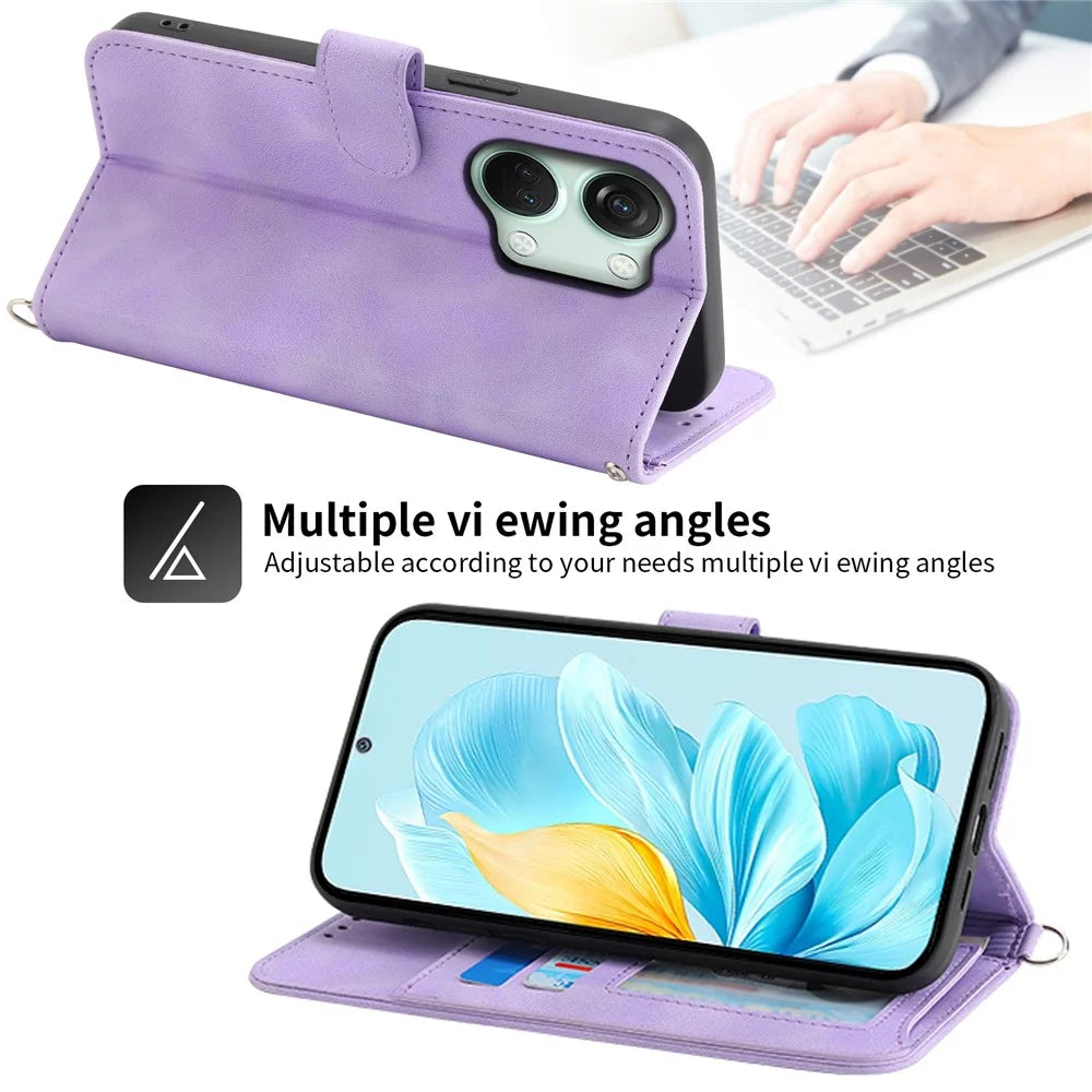 Stand Phone Case for OnePlus Nord 3 5G / Ace 2V Imprinted Flower Wallet Leather Folio Flip Cover with Wrist Strap + Shoulder Strap - Light Purple - 5