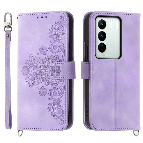 For vivo V27 5G Wallet Leather Cover Stand Phone Imprinted Flower Case with Wrist Strap + Shoulder Strap - Light Purple - 1