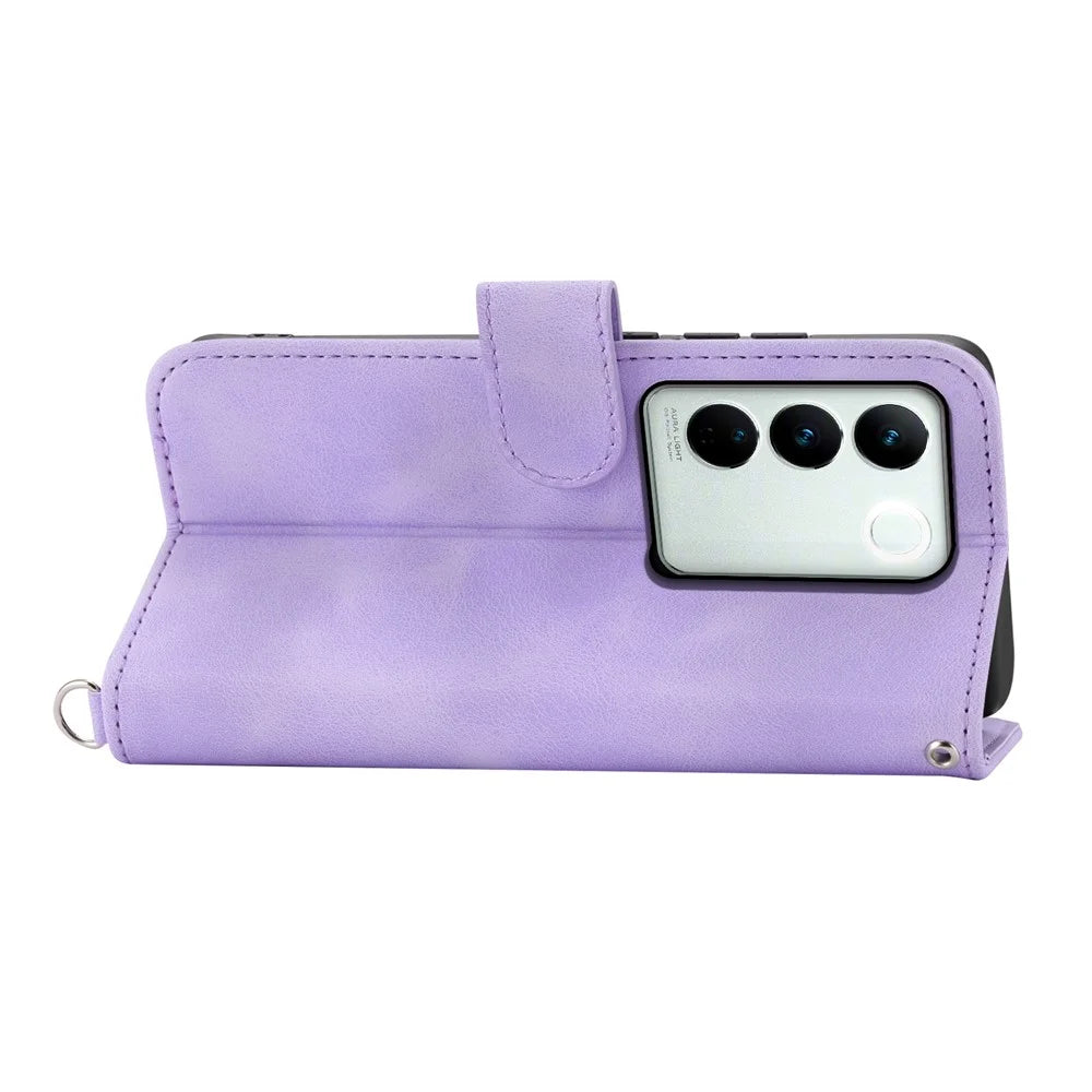 For vivo V27 5G Wallet Leather Cover Stand Phone Imprinted Flower Case with Wrist Strap + Shoulder Strap - Light Purple - 5