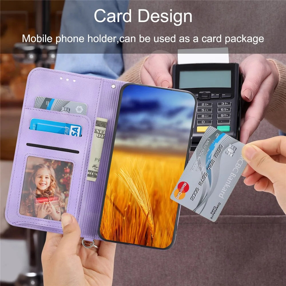 For vivo V27 5G Wallet Leather Cover Stand Phone Imprinted Flower Case with Wrist Strap + Shoulder Strap - Light Purple - 7