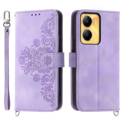 Leather Wallet Phone Case for vivo Y56 5G , Imprinted Flower Stand Cover with Wrist Strap and Shoulder Strap - Light Purple - 1