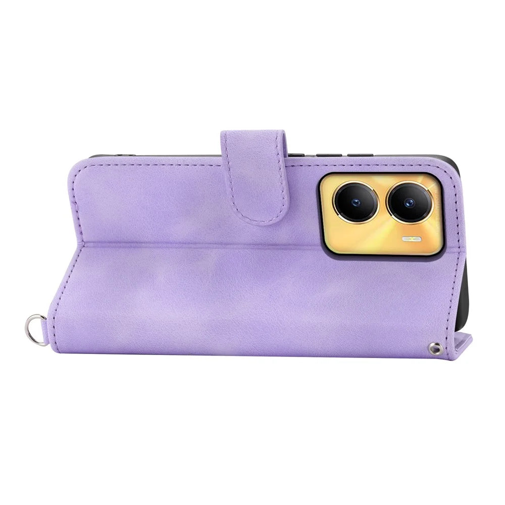 Leather Wallet Phone Case for vivo Y56 5G , Imprinted Flower Stand Cover with Wrist Strap and Shoulder Strap - Light Purple - 5