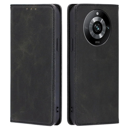 For Realme 11 Pro+ 5G / 11 Pro 5G Shockproof Phone Cover Calf Texture Stand Wallet PU Leather Phone Case - Black - 1