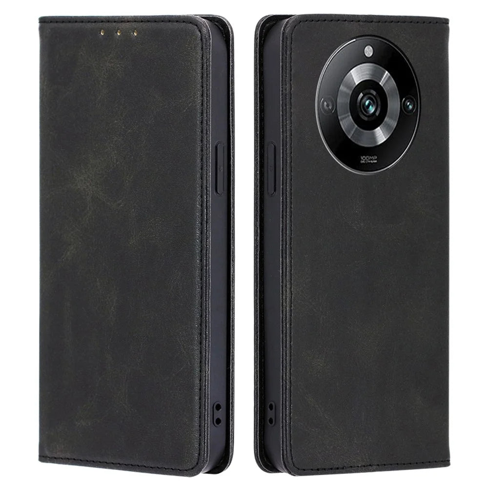 For Realme 11 Pro+ 5G / 11 Pro 5G Shockproof Phone Cover Calf Texture Stand Wallet PU Leather Phone Case - Black - 1