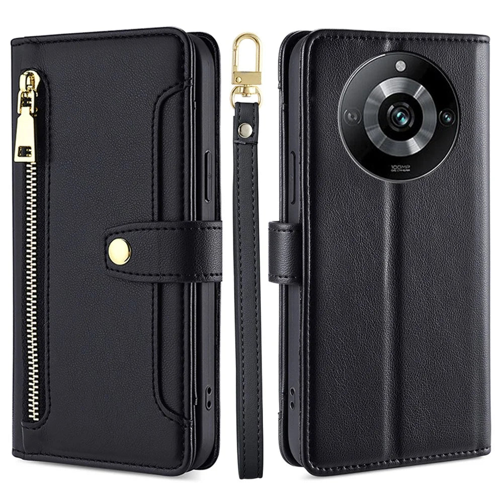 For Realme 11 Pro+ 5G / 11 Pro 5G Zipper Pocket Phone Case Multiple Card Slots Leather Cover with Straps - Black - 1