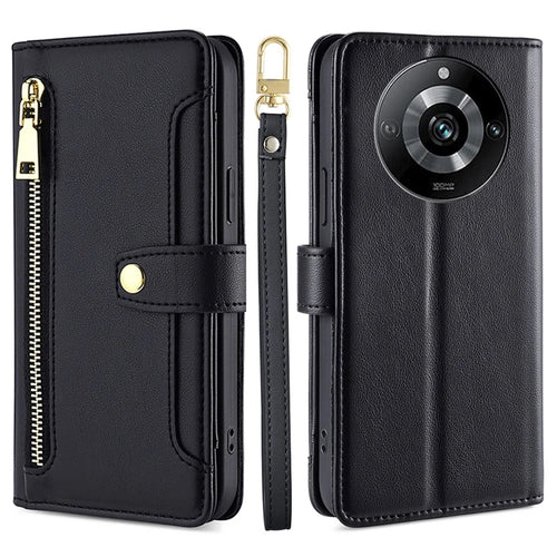 For Realme 11 Pro+ 5G / 11 Pro 5G Zipper Pocket Phone Case Multiple Card Slots Leather Cover with Straps - Black - 1