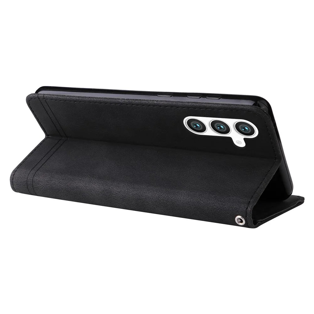 For Samsung Galaxy S23 FE Leather Wallet Cases Skin Touch Phone Cover Stand with Strap - Black - 4