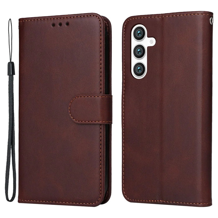 For Samsung Galaxy S23 FE Shockproof Flip Phone Shell PU Leather Wallet Phone Case Stand Calf Texture Cover - Brown - 1