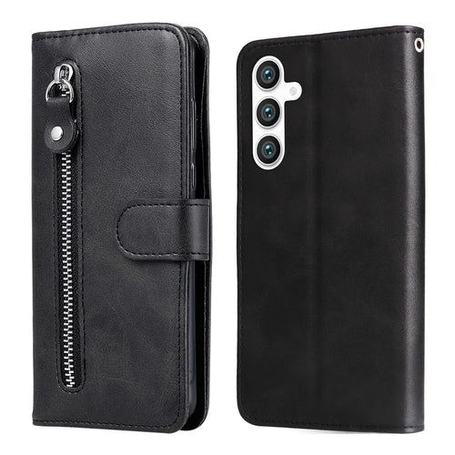 For Samsung Galaxy S23 FE Zipper Pocket Wallet Foldable Stand Anti-Scratch Calf Texture Phone Case Cell Phone Cover - Black - 1