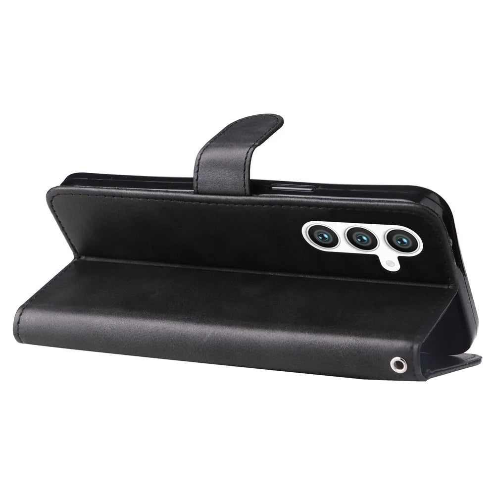 For Samsung Galaxy S23 FE Zipper Pocket Wallet Foldable Stand Anti-Scratch Calf Texture Phone Case Cell Phone Cover - Black - 4